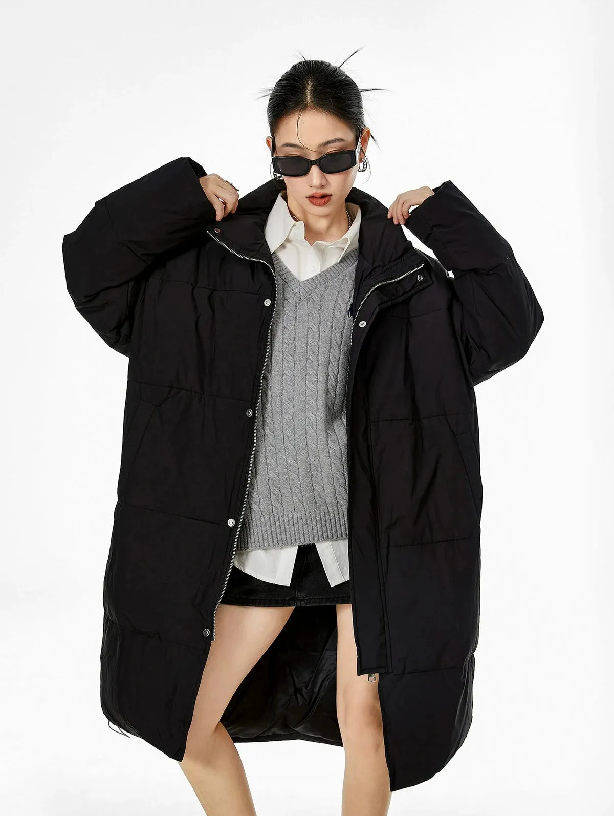 Oversized Stand Collar Puffer Coat with Scarf