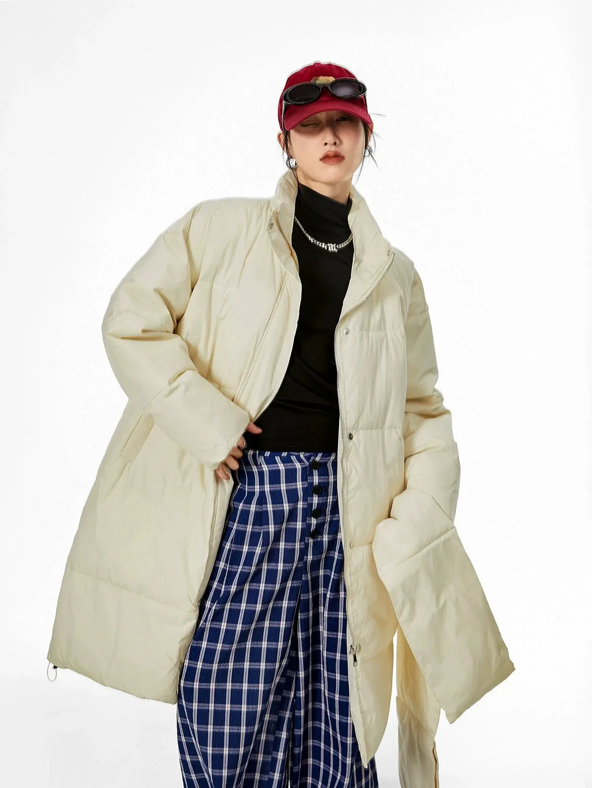 Oversized Stand Collar Puffer Coat with Scarf