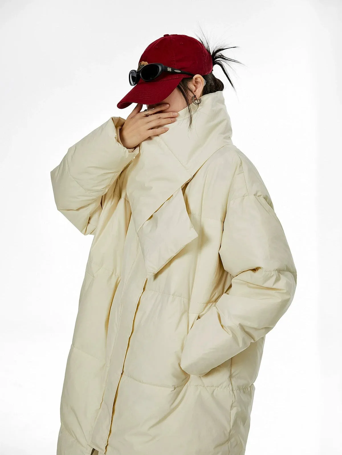 Oversized Stand Collar Puffer Coat with Scarf