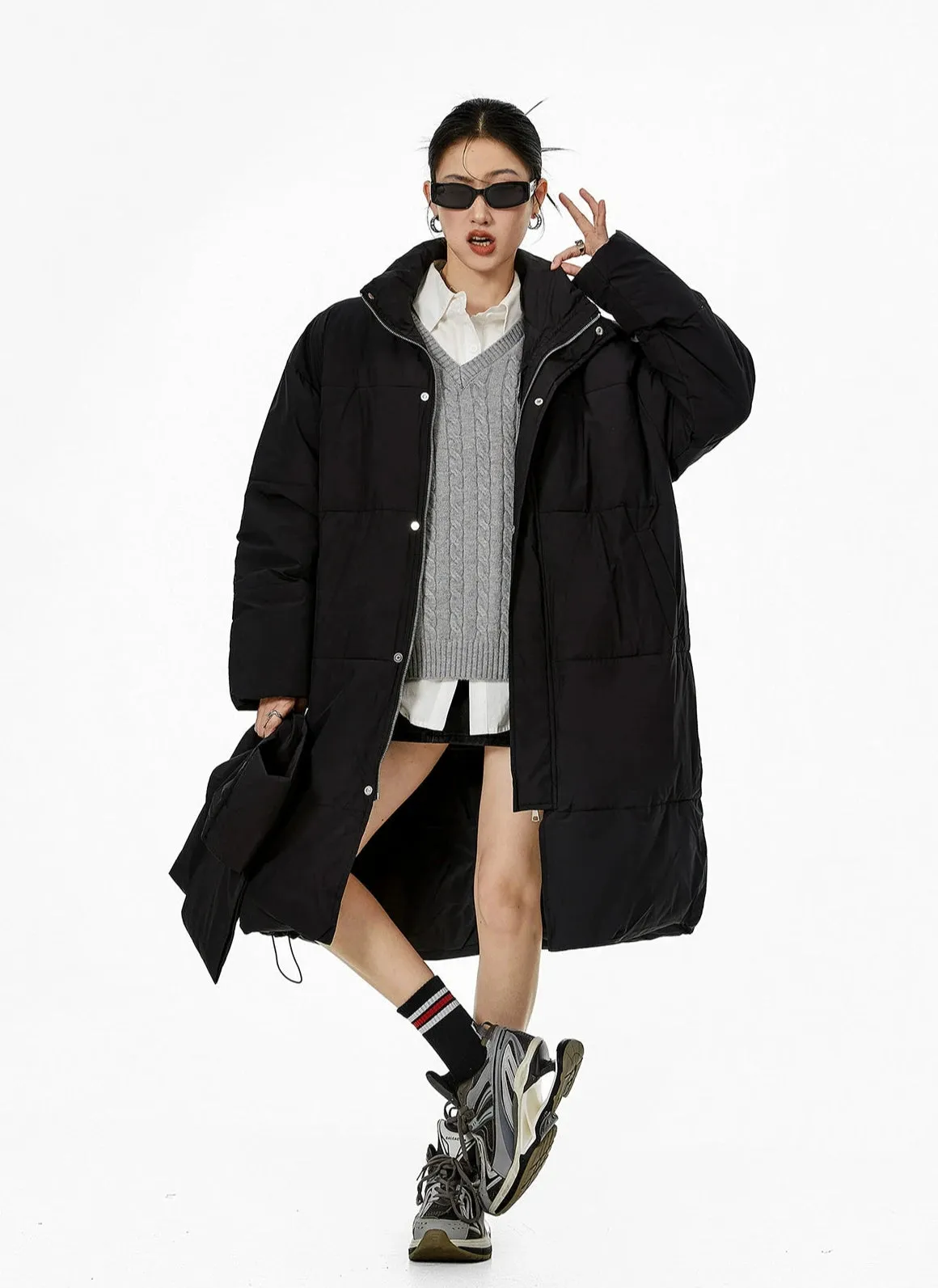 Oversized Stand Collar Puffer Coat with Scarf