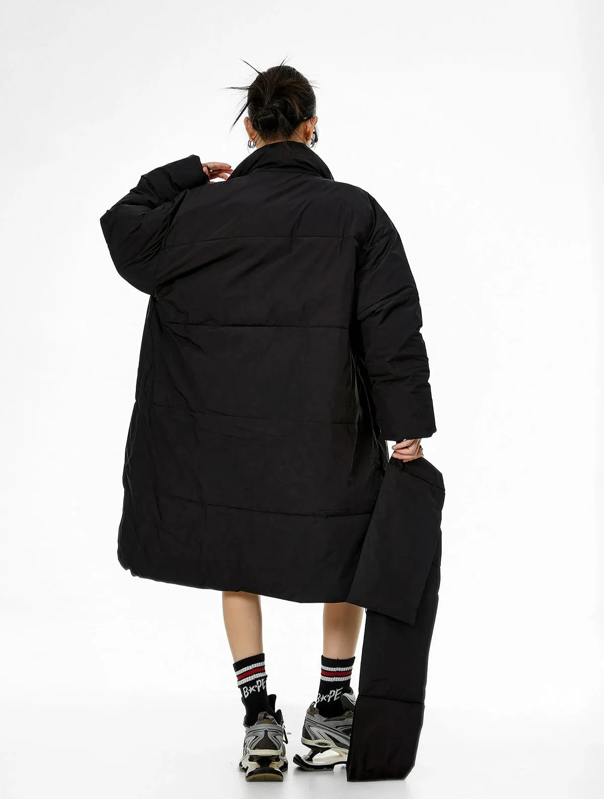 Oversized Stand Collar Puffer Coat with Scarf