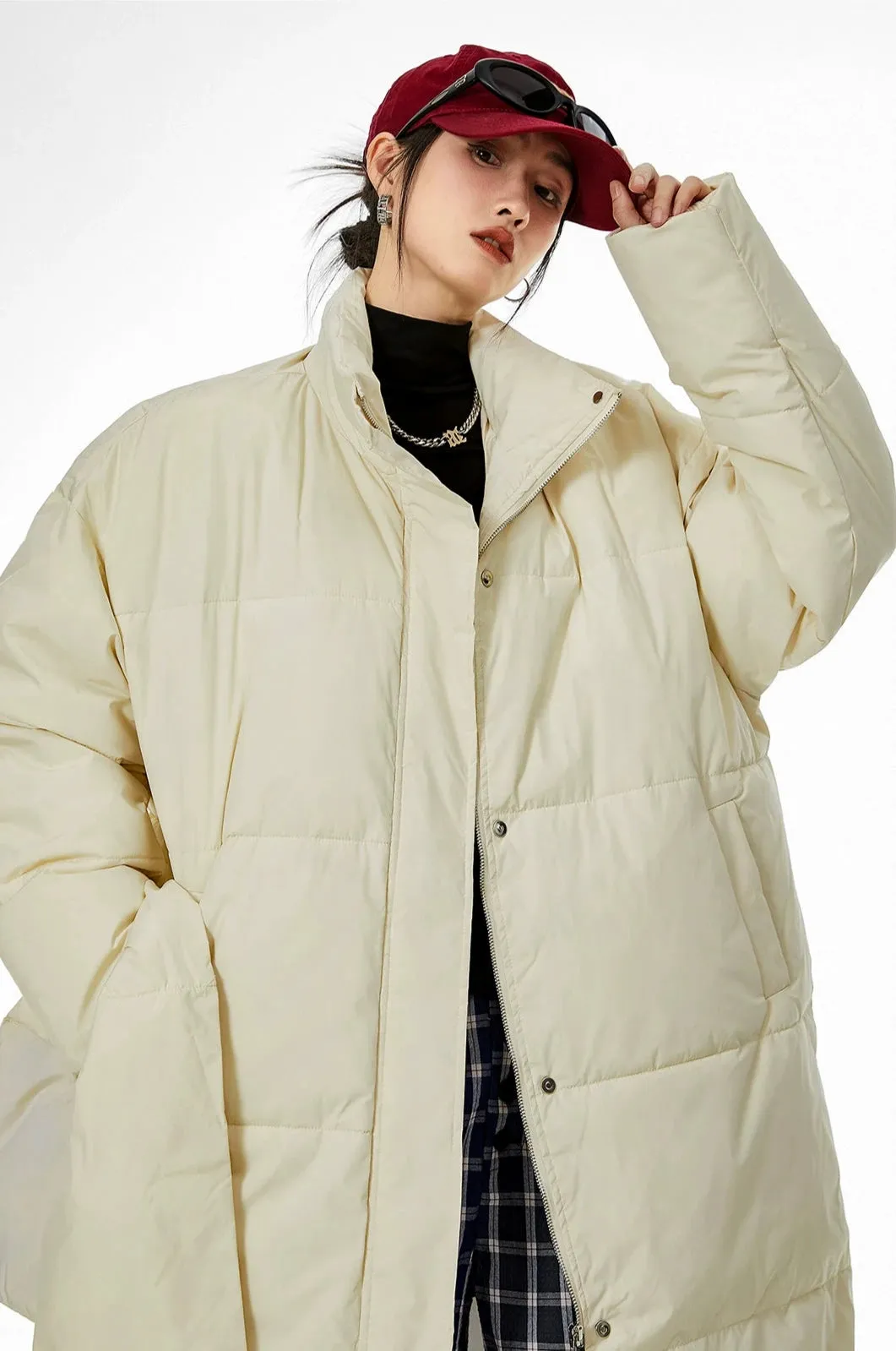 Oversized Stand Collar Puffer Coat with Scarf