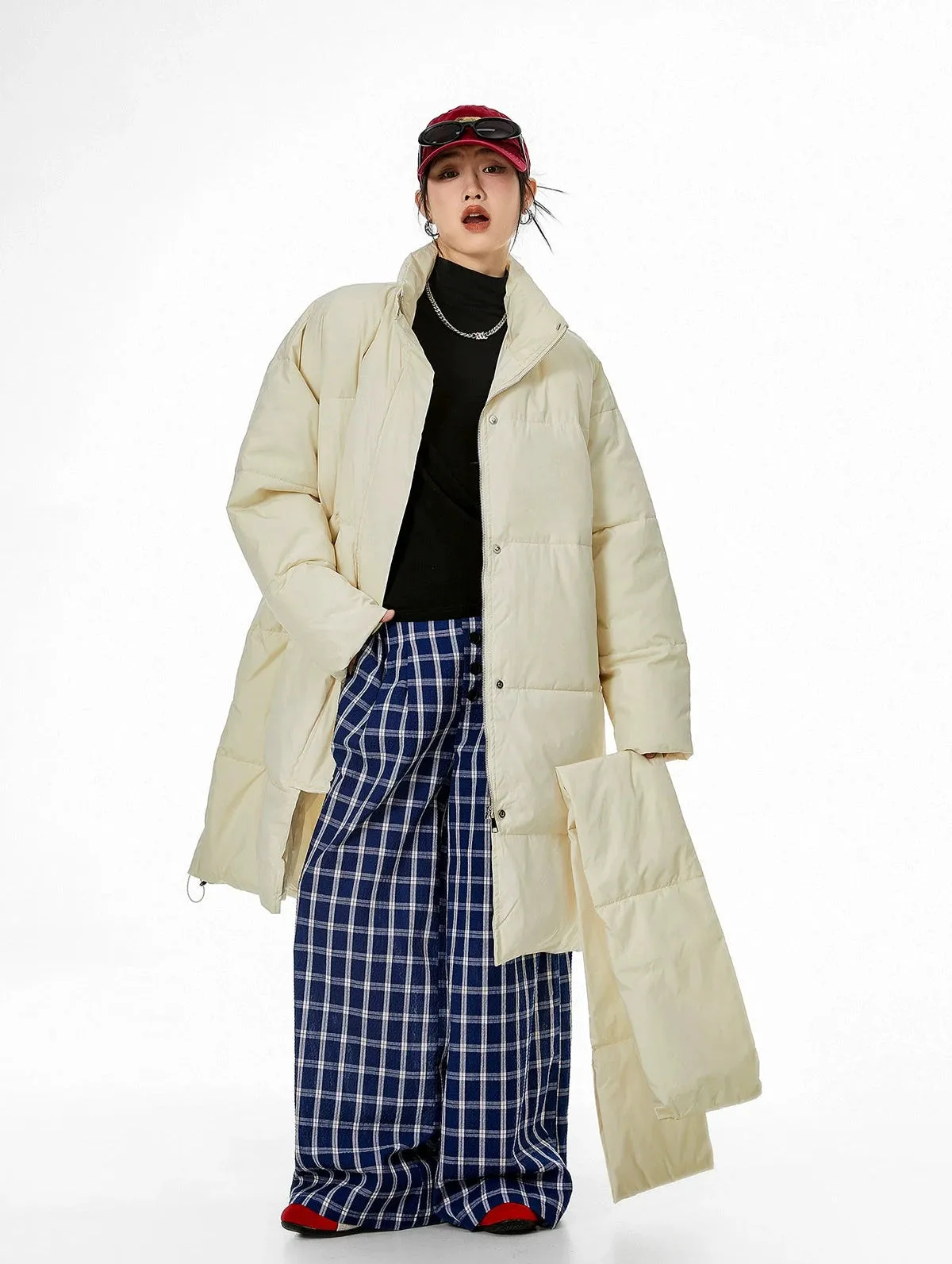 Oversized Stand Collar Puffer Coat with Scarf