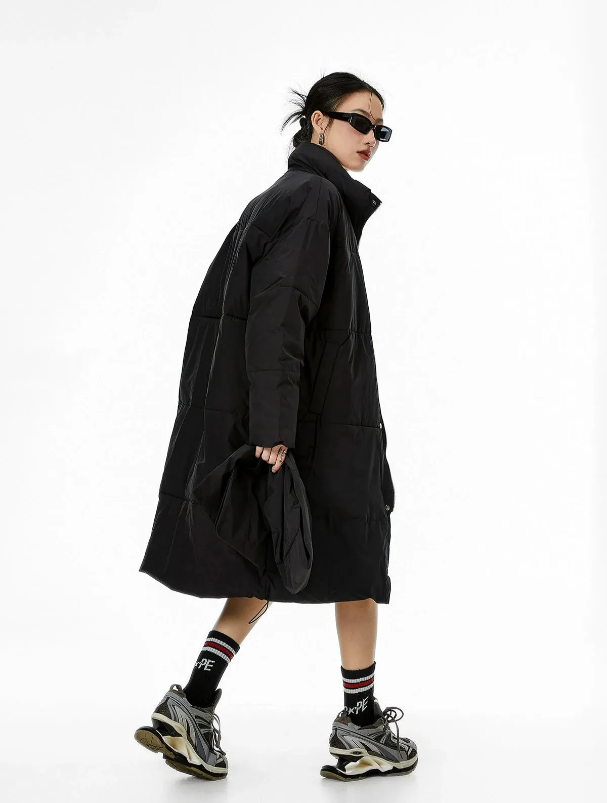 Oversized Stand Collar Puffer Coat with Scarf