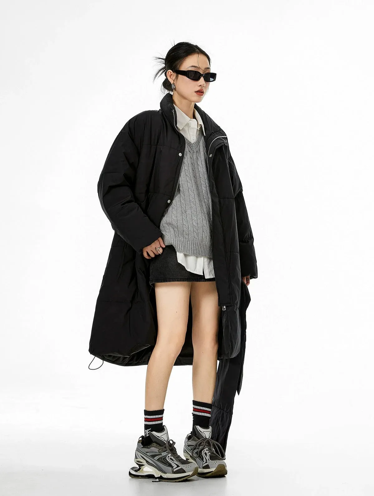 Oversized Stand Collar Puffer Coat with Scarf