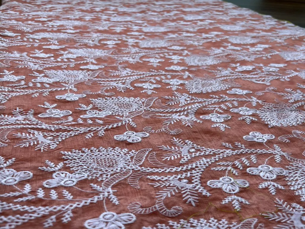 Peach Floral Chikankari Embroidered Chanderi Fabric