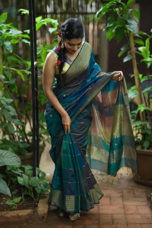 Peacock Green Ombre Handwoven Zari Stripes Maheshwari Silk Cotton Saree