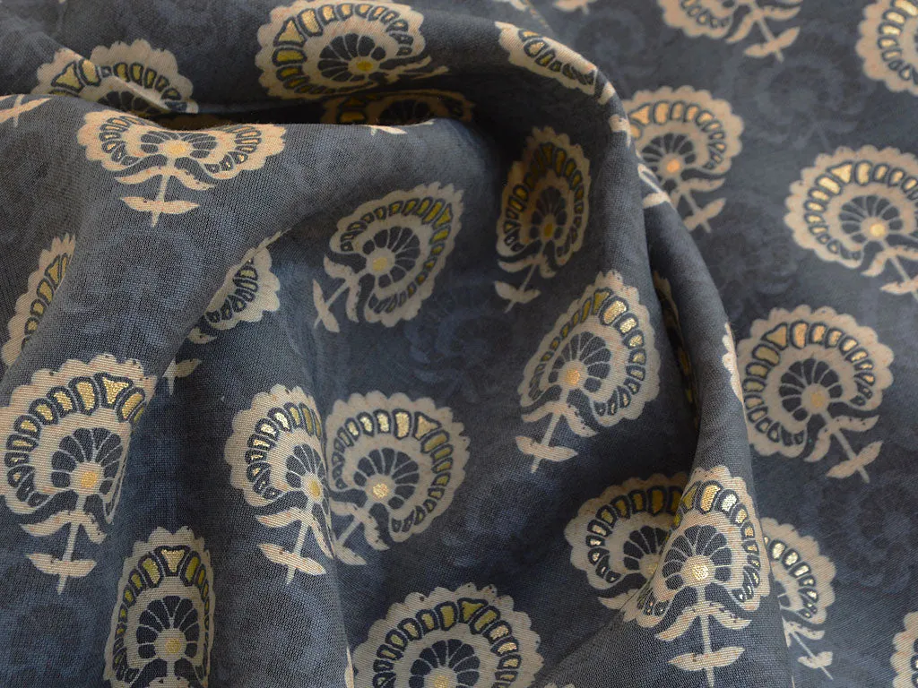 Precut of 2.5 Meter Gray & Cream Motifs Premium Modal Chanderi Silk Fabric