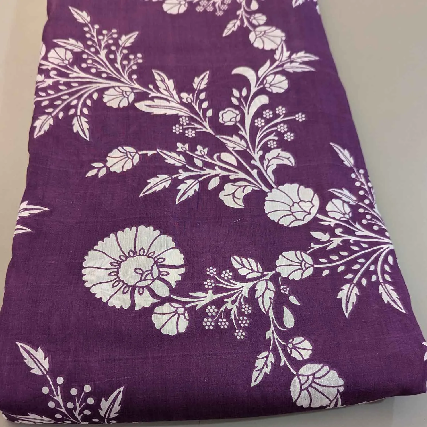 Purple & White Floral Muslin Silk Fabric