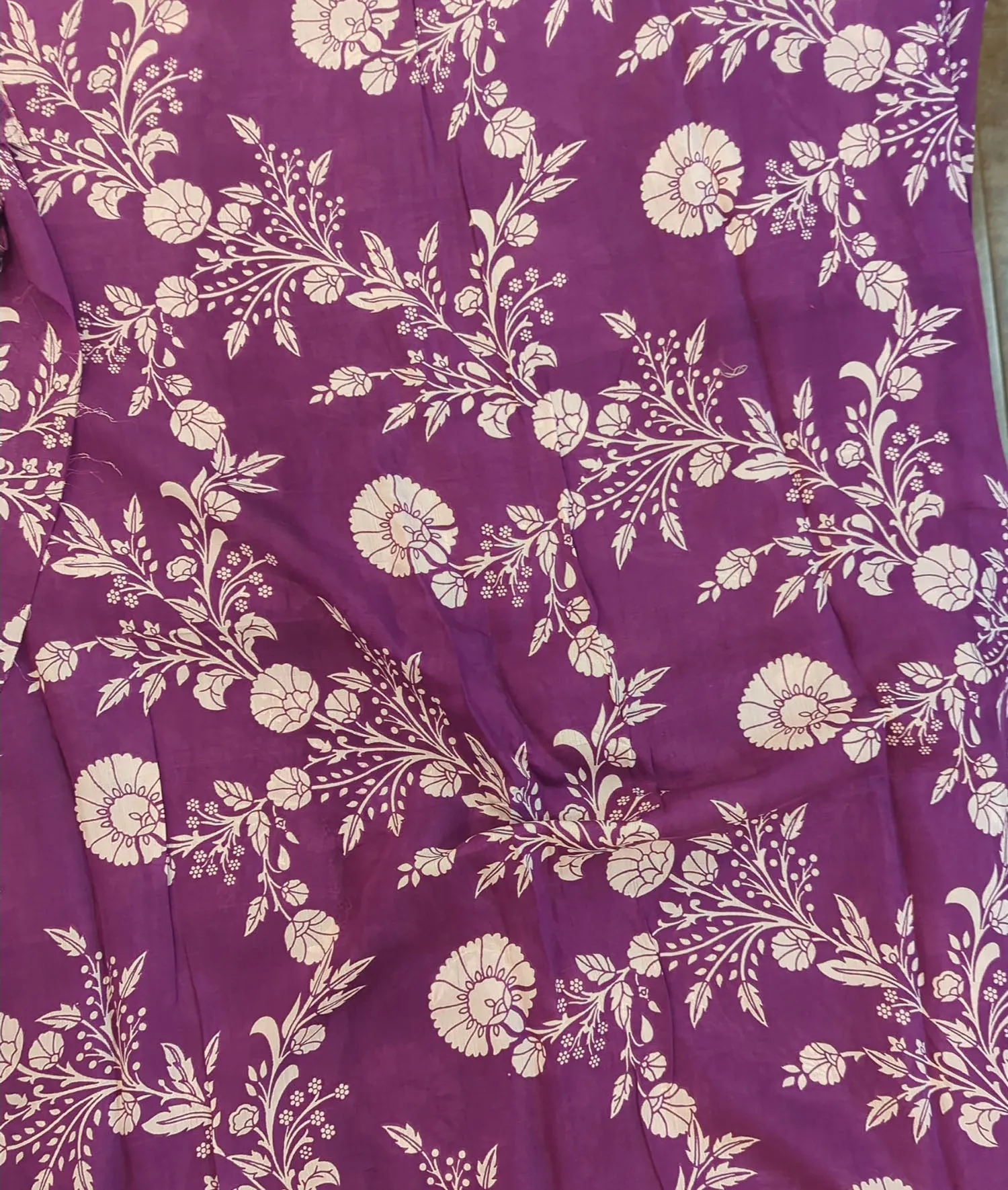 Purple & White Floral Muslin Silk Fabric