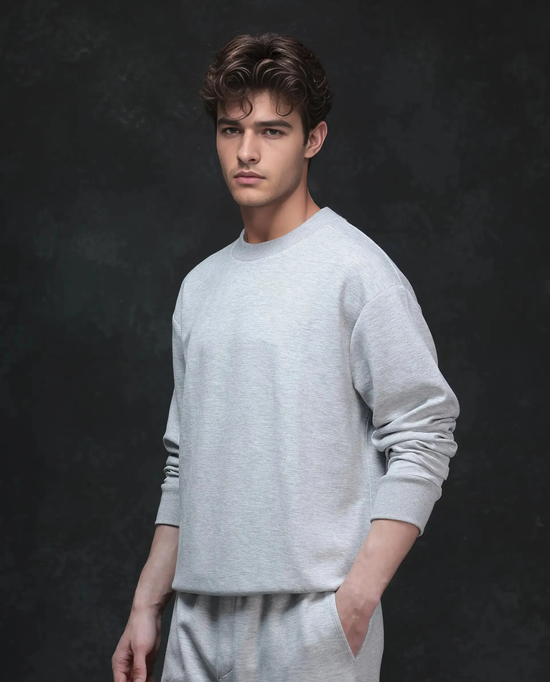 Rare Rabbit Men Renzi Melange Grey Modal Fabric Full Sleeve Crew Neck Baggy Fit Plain Sweatshirt