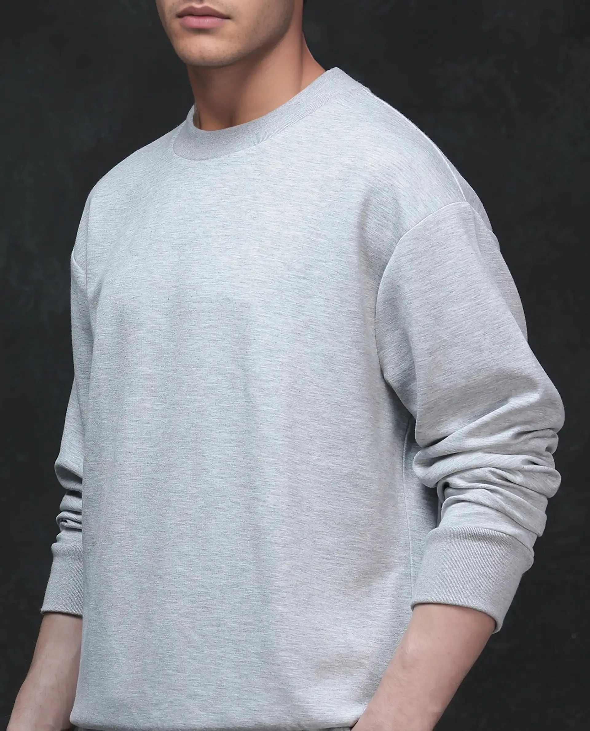 Rare Rabbit Men Renzi Melange Grey Modal Fabric Full Sleeve Crew Neck Baggy Fit Plain Sweatshirt