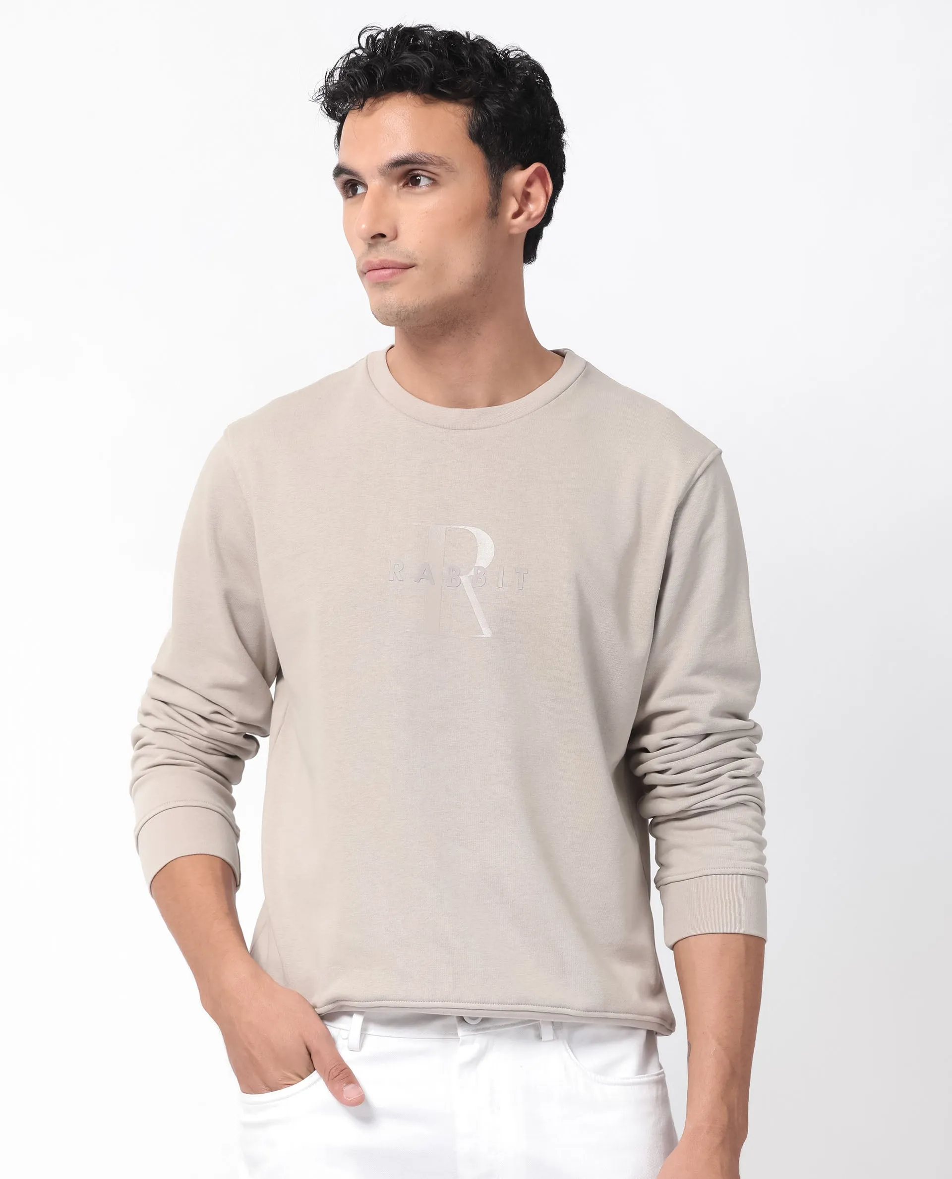 Rare Rabbit Men's Perez Beige Cotton Polyester Full Sleeves Logo Graphic Print Sweatshirt