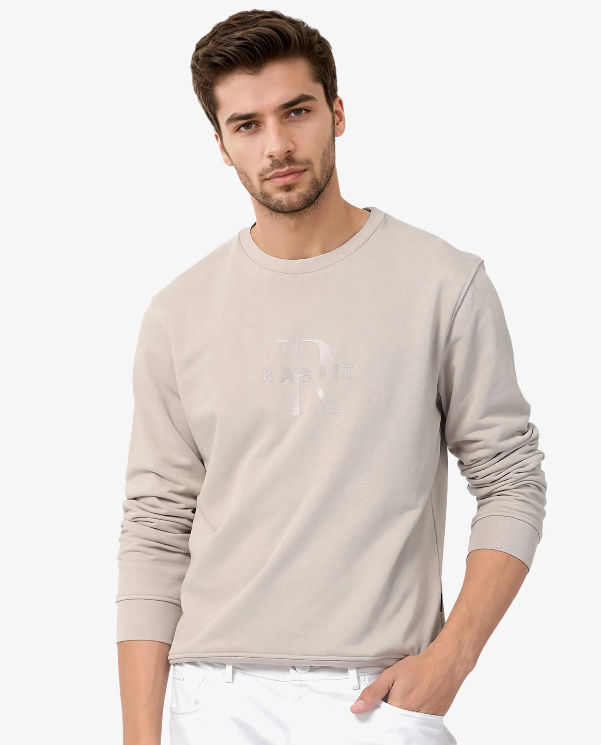 Rare Rabbit Men's Perez Beige Cotton Polyester Full Sleeves Logo Graphic Print Sweatshirt