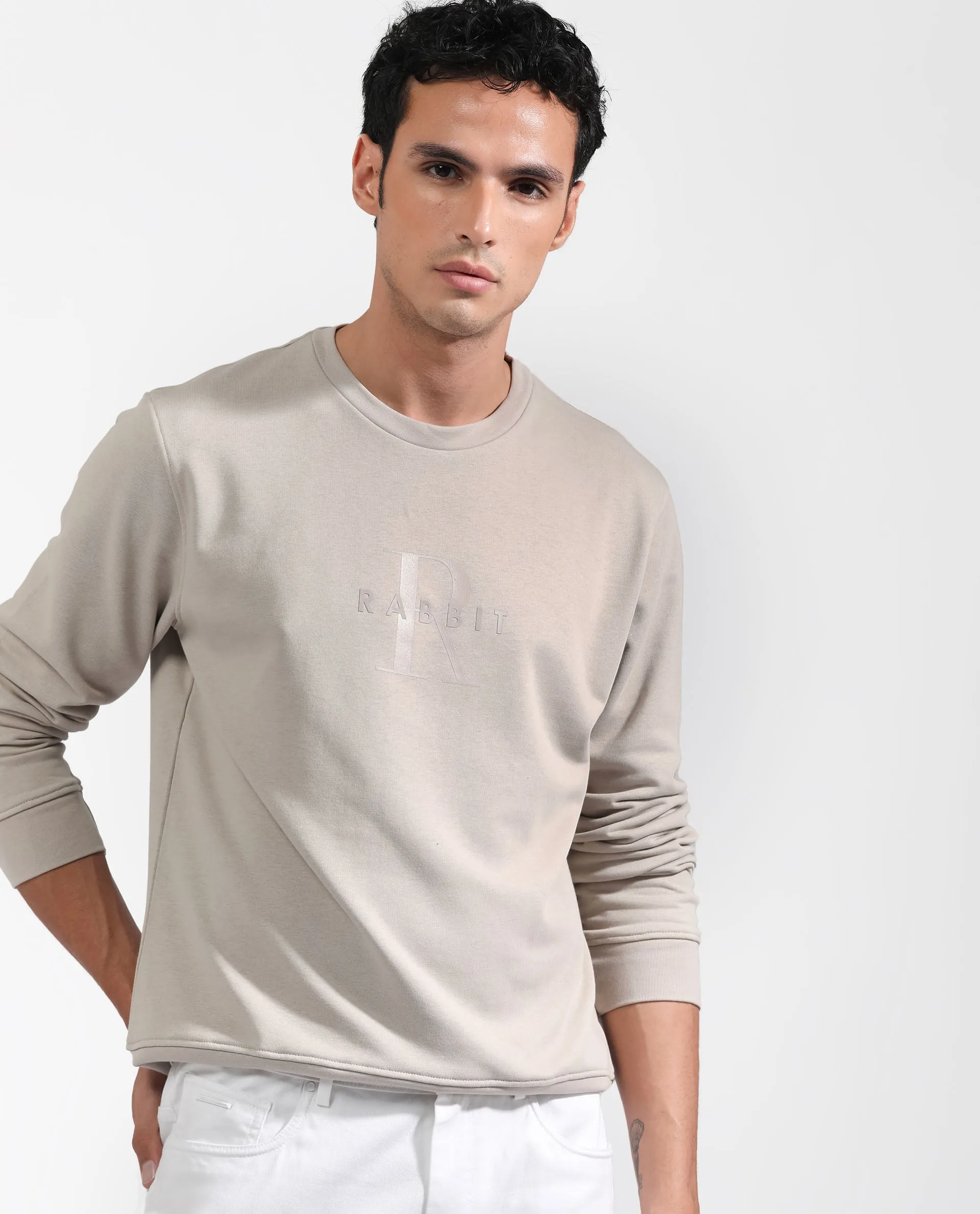 Rare Rabbit Men's Perez Beige Cotton Polyester Full Sleeves Logo Graphic Print Sweatshirt