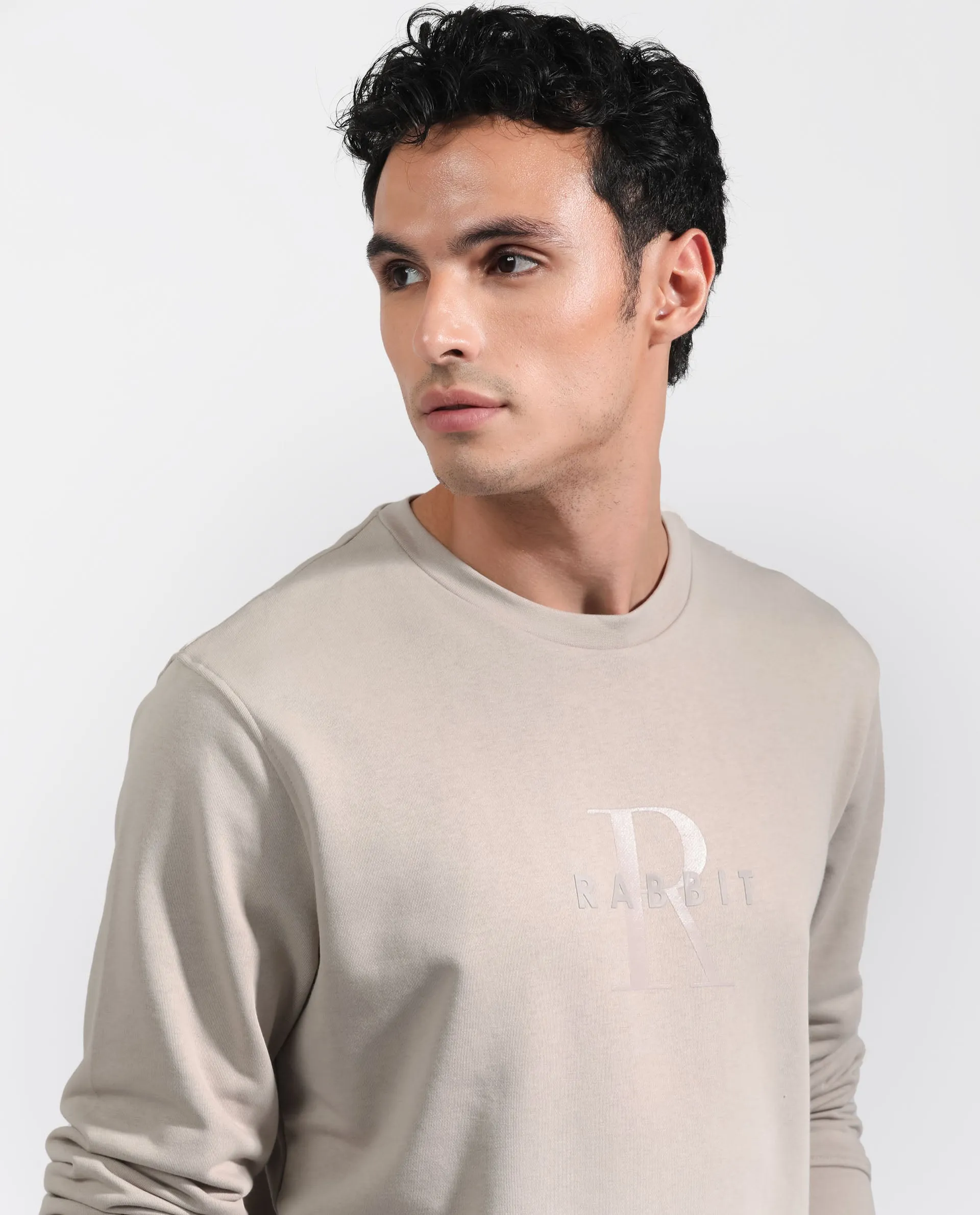 Rare Rabbit Men's Perez Beige Cotton Polyester Full Sleeves Logo Graphic Print Sweatshirt