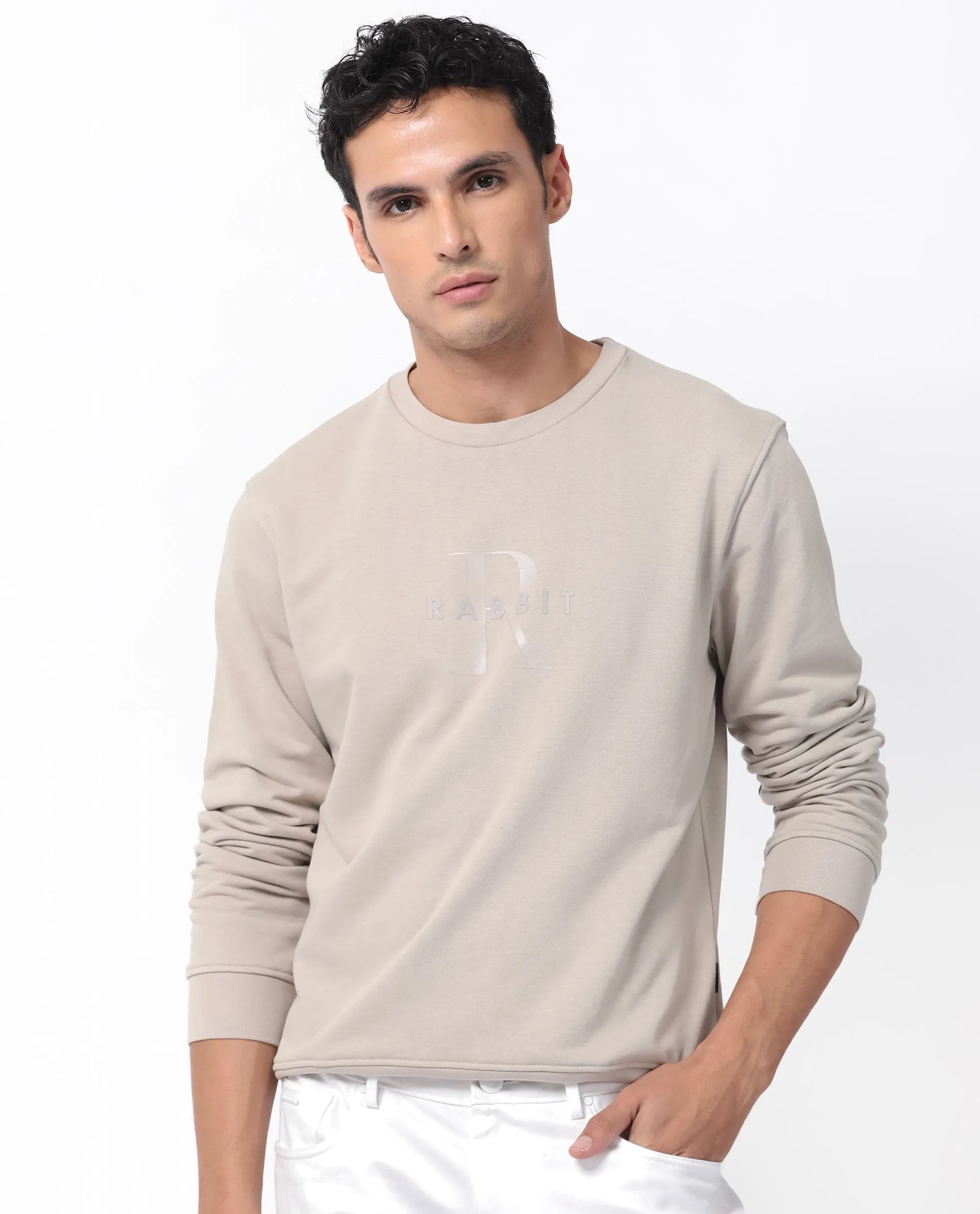 Rare Rabbit Men's Perez Beige Cotton Polyester Full Sleeves Logo Graphic Print Sweatshirt