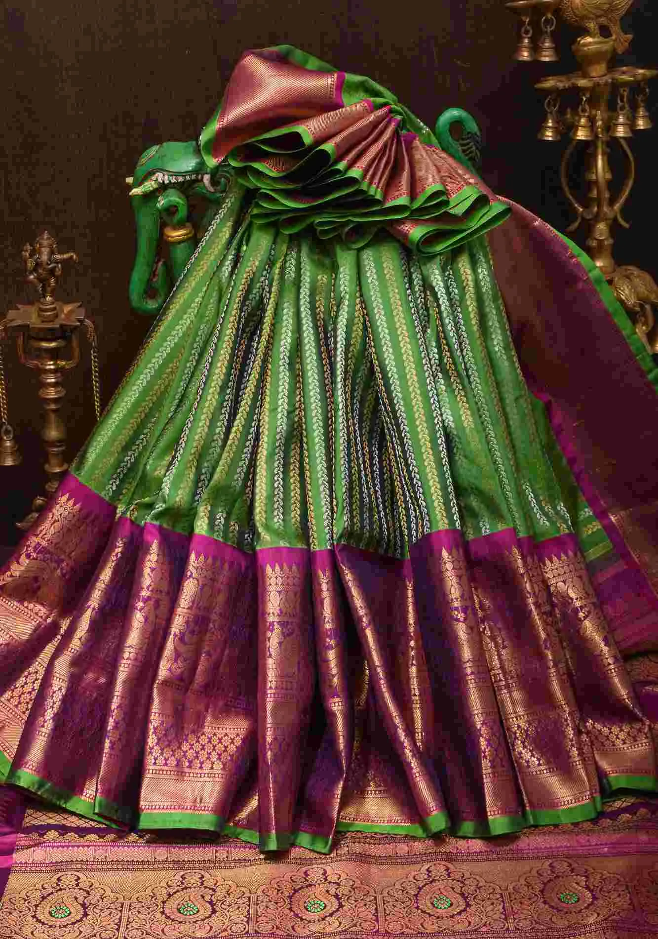 Ready to wear Pure Gadwal Silk Saree in Grass Green with Ornate Zari Stripes in two tone Zari with 12' zari border | SILK MARK CERTIFIED