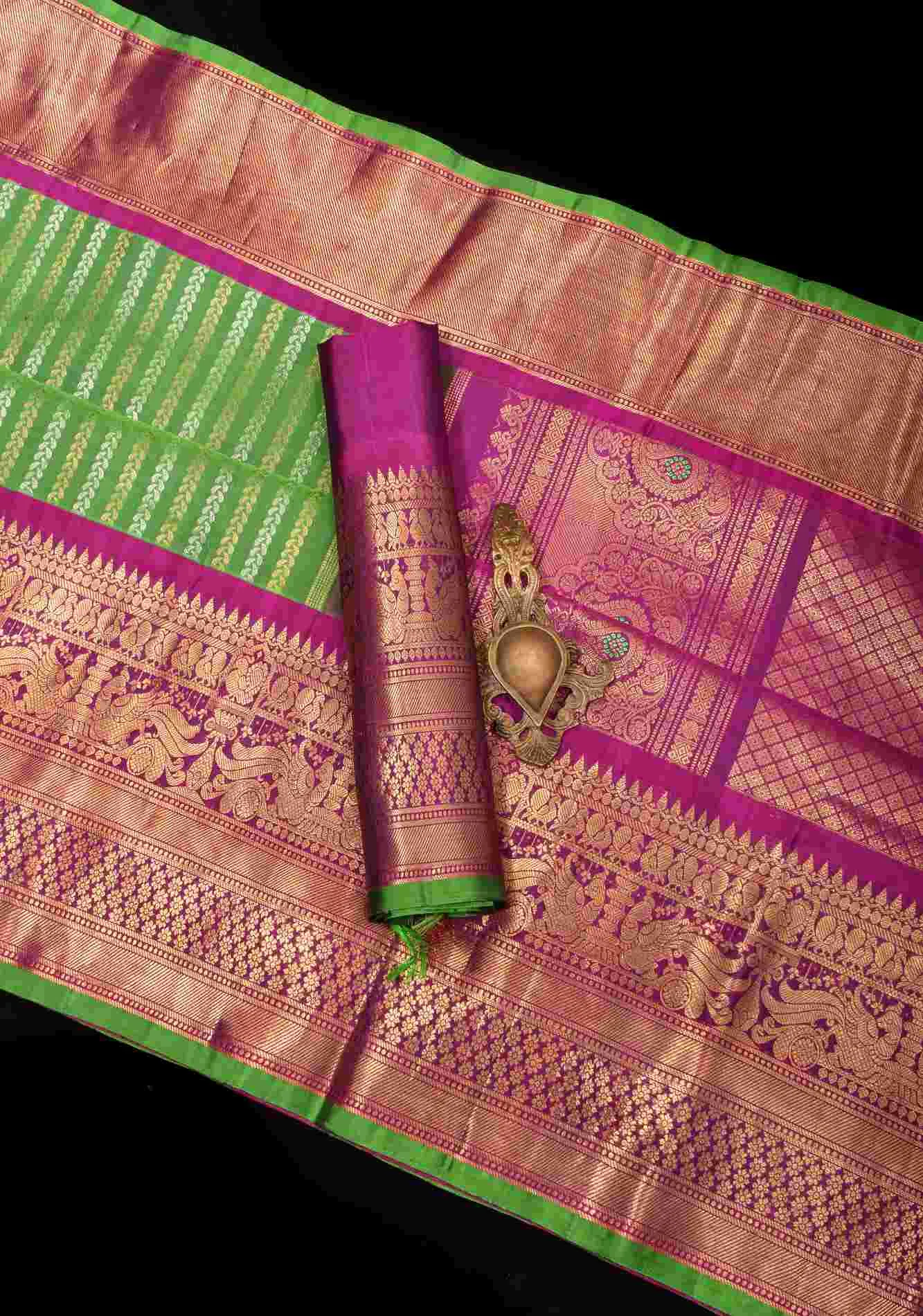 Ready to wear Pure Gadwal Silk Saree in Grass Green with Ornate Zari Stripes in two tone Zari with 12' zari border | SILK MARK CERTIFIED