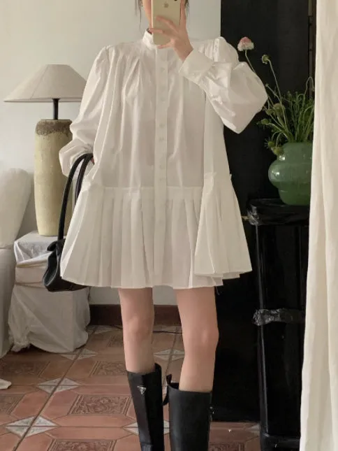 Retro A-line Pleated Preppy Shirt Dress