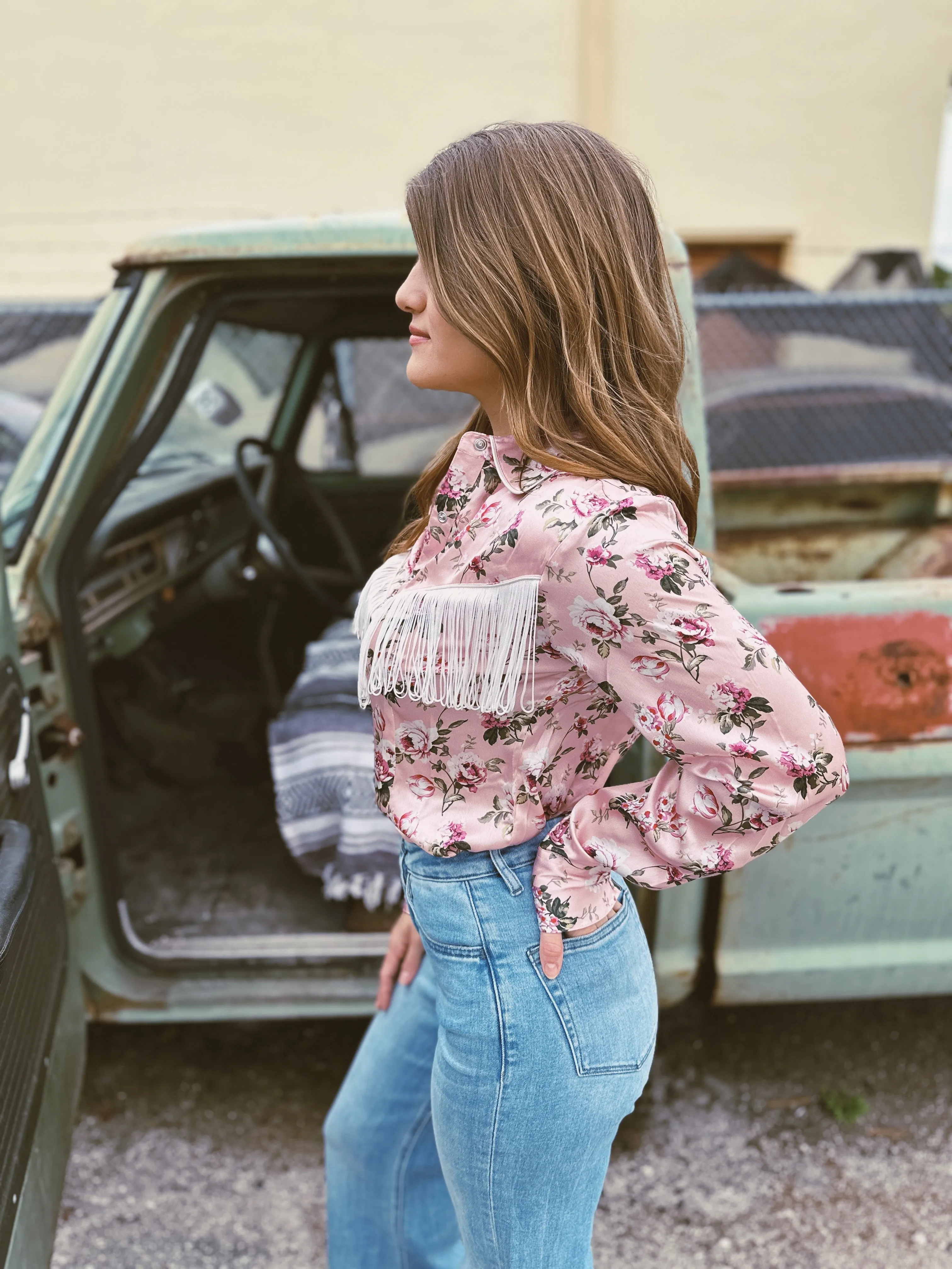 Rose of My Heart Fringe Satin Floral Print Pearl Snap Button Up Blouse (DS)