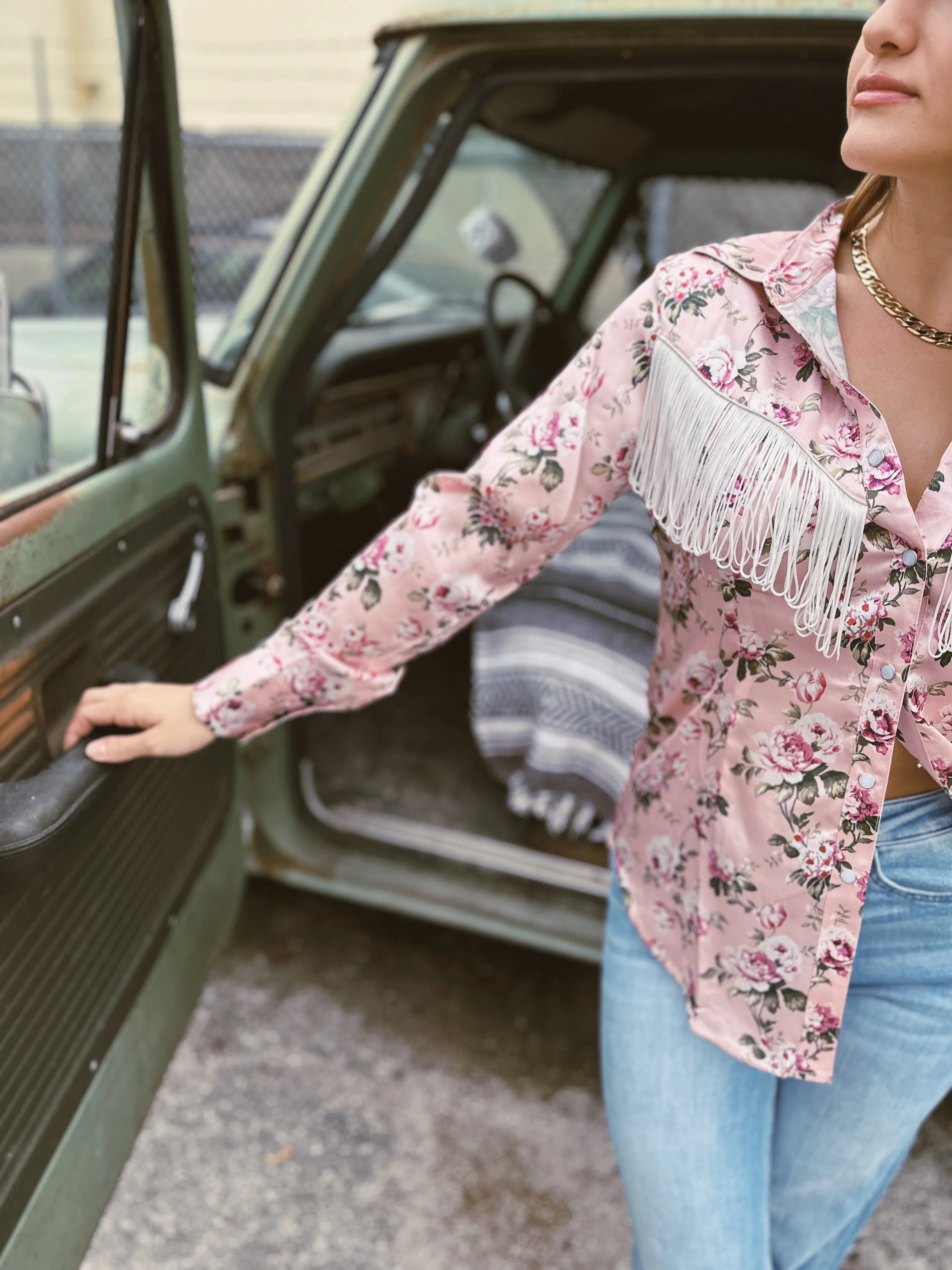 Rose of My Heart Fringe Satin Floral Print Pearl Snap Button Up Blouse (DS)