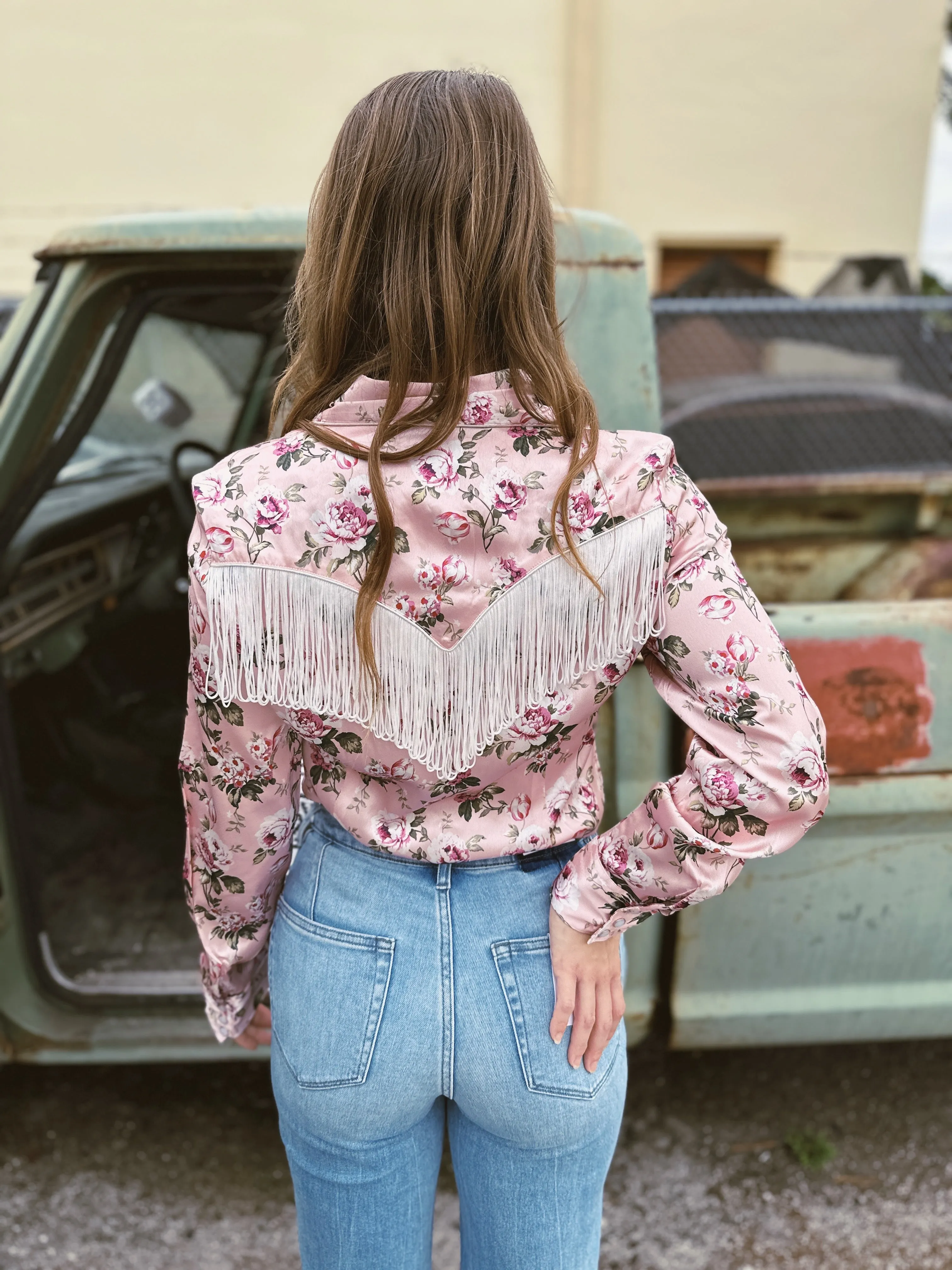 Rose of My Heart Fringe Satin Floral Print Pearl Snap Button Up Blouse (DS)