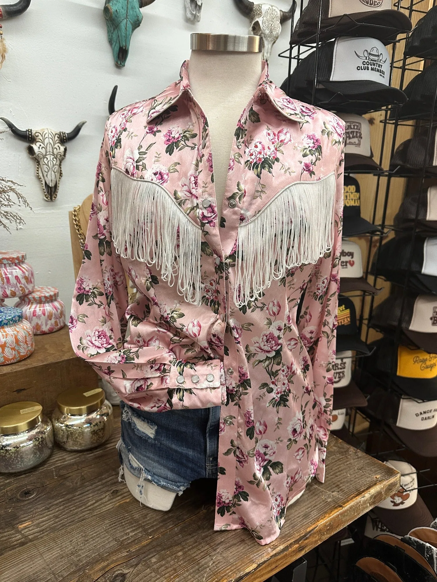 Rose of My Heart Fringe Satin Floral Print Pearl Snap Button Up Blouse (DS)