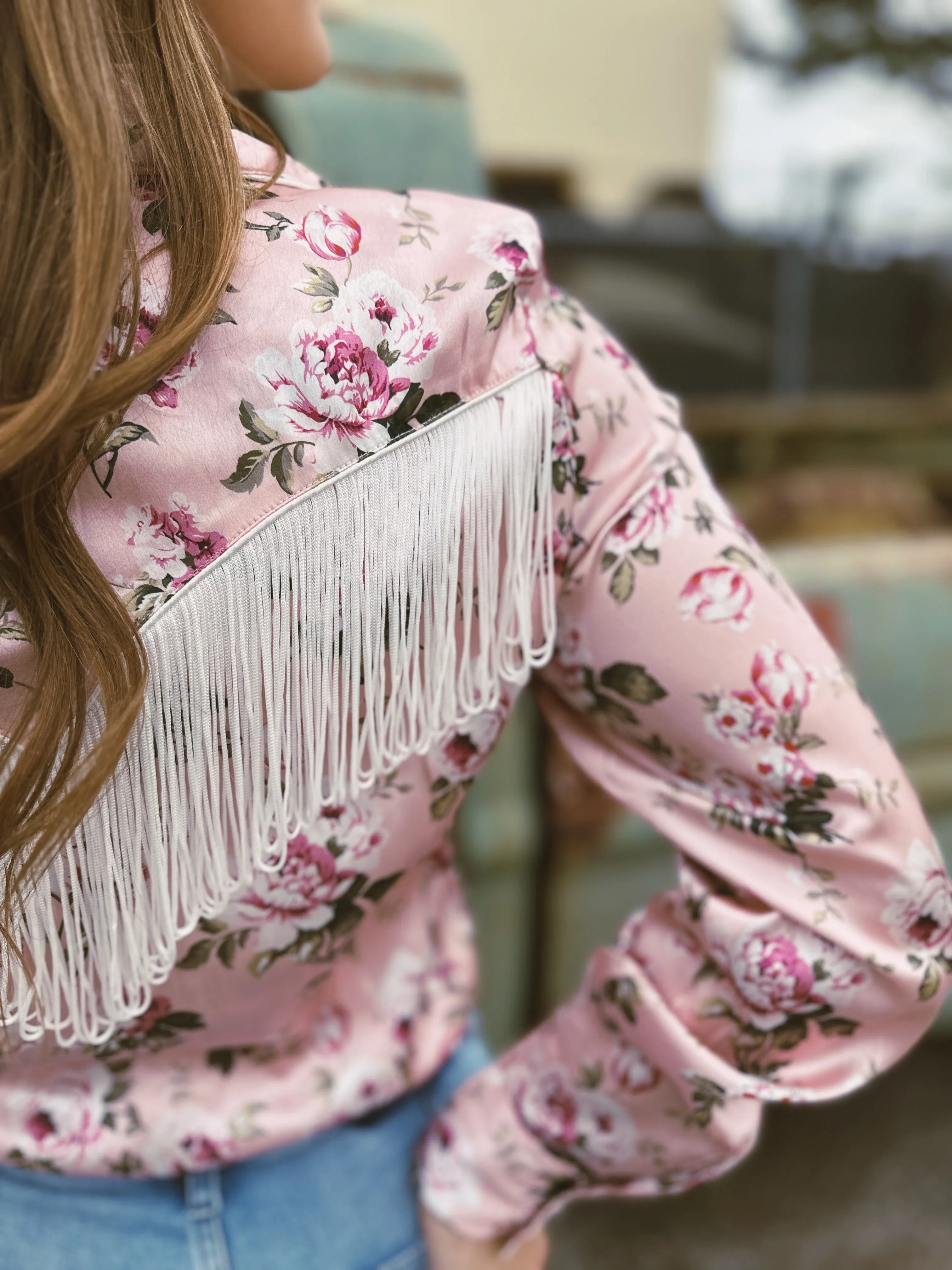 Rose of My Heart Fringe Satin Floral Print Pearl Snap Button Up Blouse (DS)