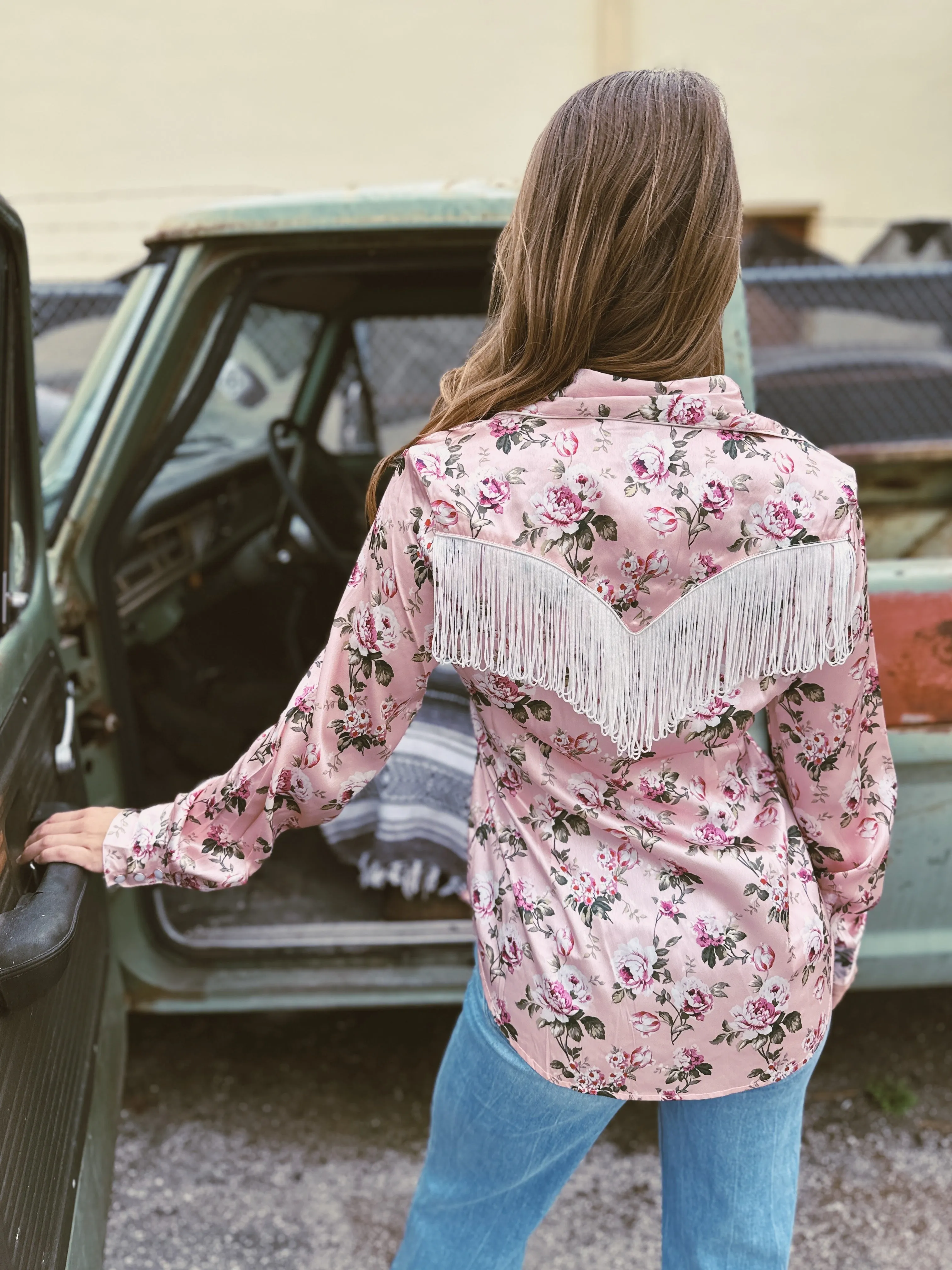 Rose of My Heart Fringe Satin Floral Print Pearl Snap Button Up Blouse (DS)