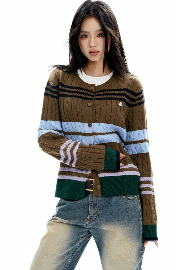 Slim Striped Cable-Knit Cardigan Sweater