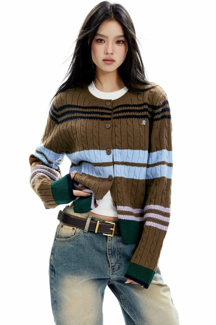 Slim Striped Cable-Knit Cardigan Sweater