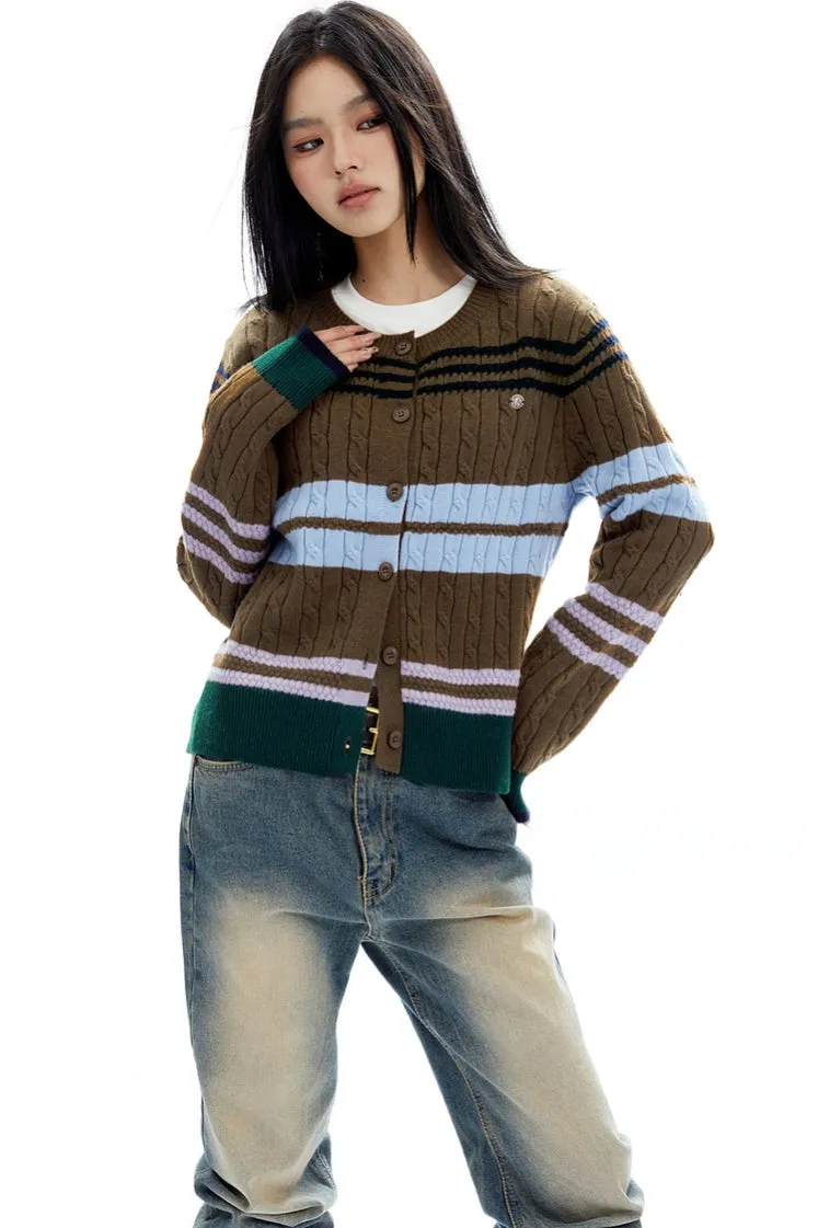 Slim Striped Cable-Knit Cardigan Sweater