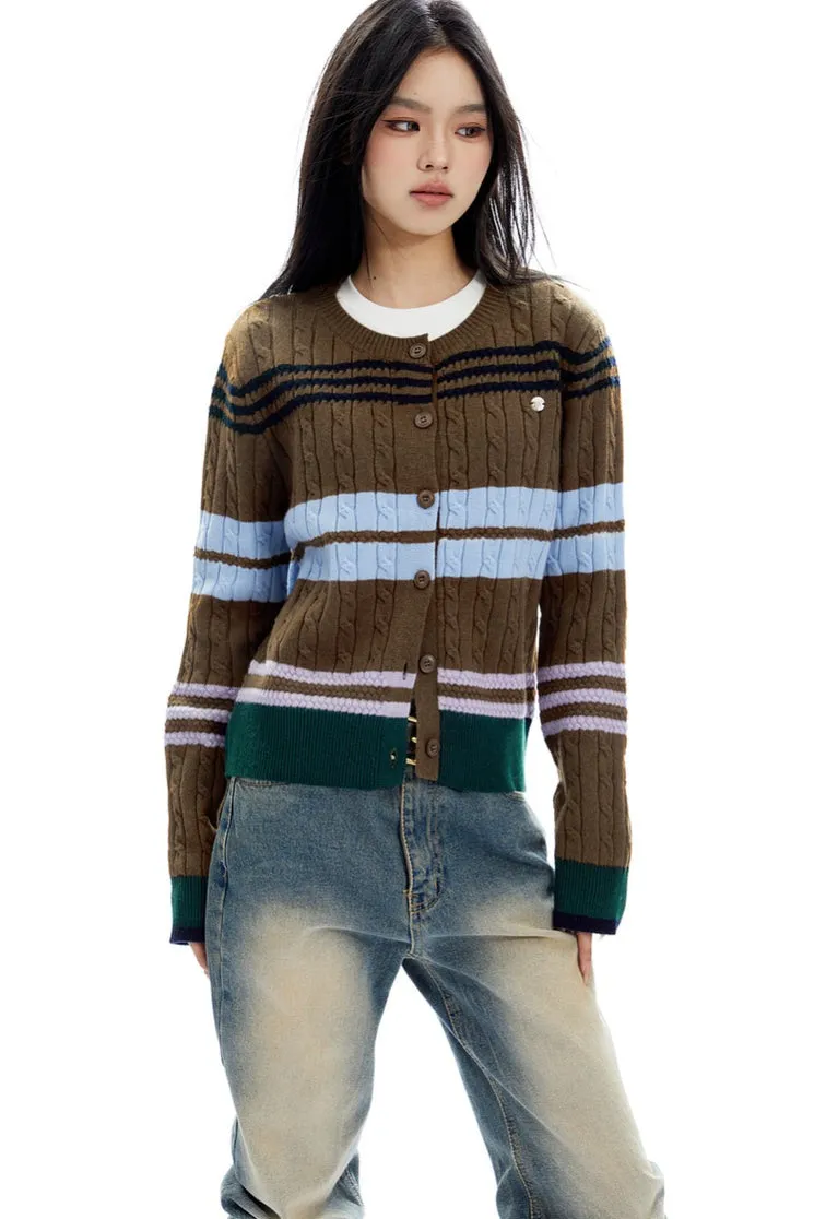 Slim Striped Cable-Knit Cardigan Sweater