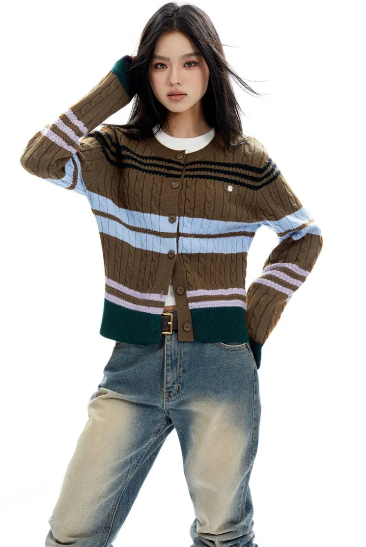 Slim Striped Cable-Knit Cardigan Sweater