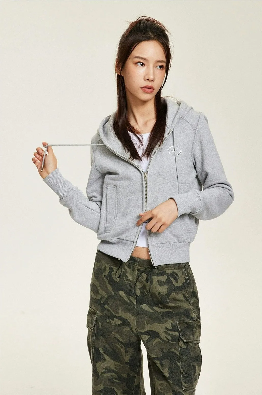 Slim Zip-Up Hoodie Sweatshirt with Metallic Star Badge