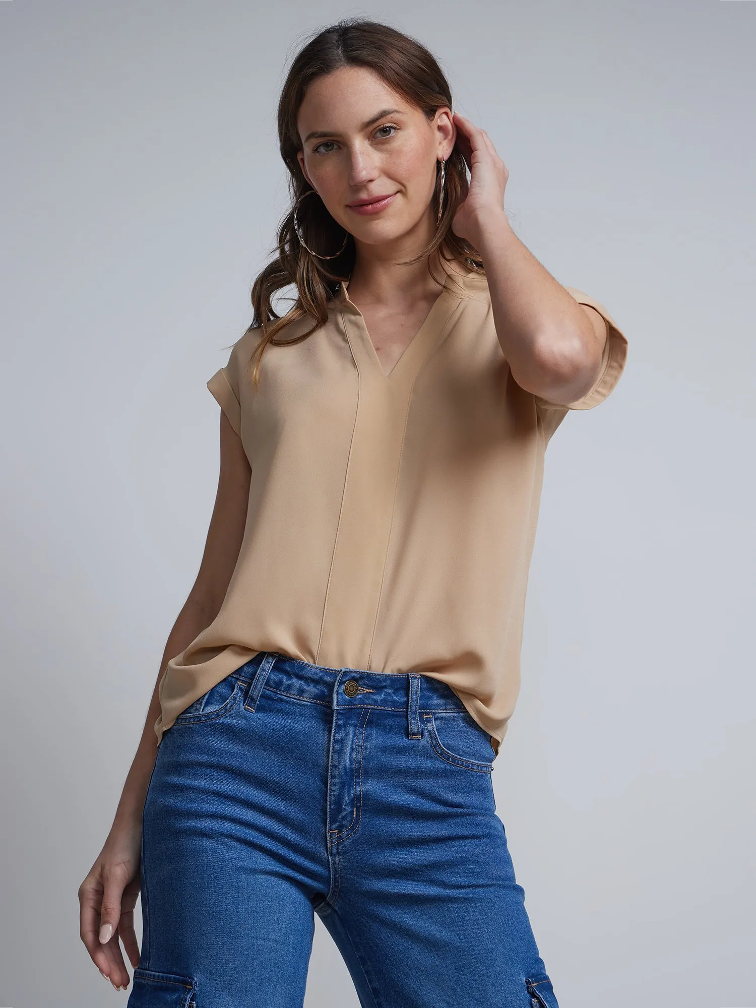 Split-Neck Cuffed Blouse