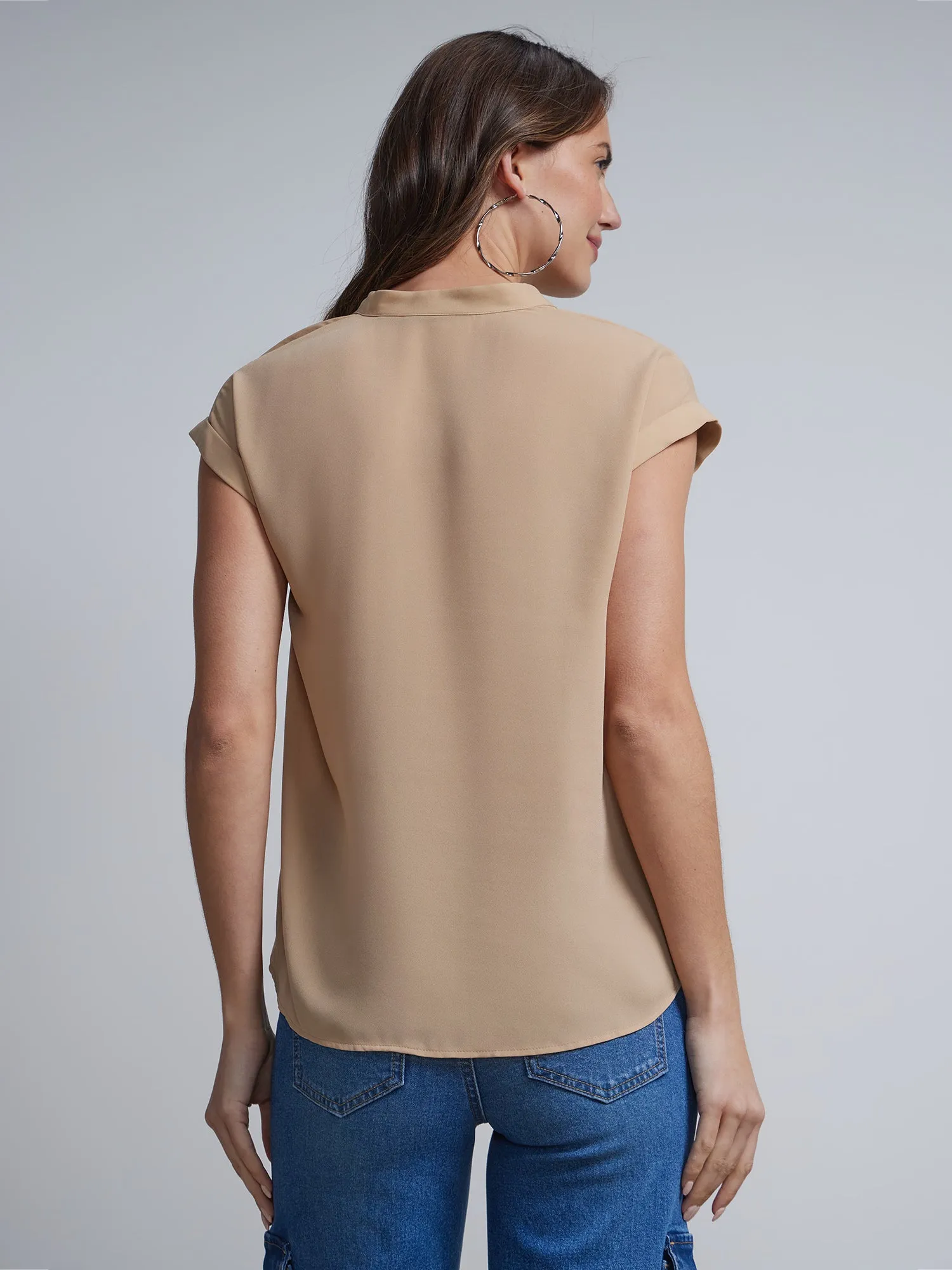 Split-Neck Cuffed Blouse