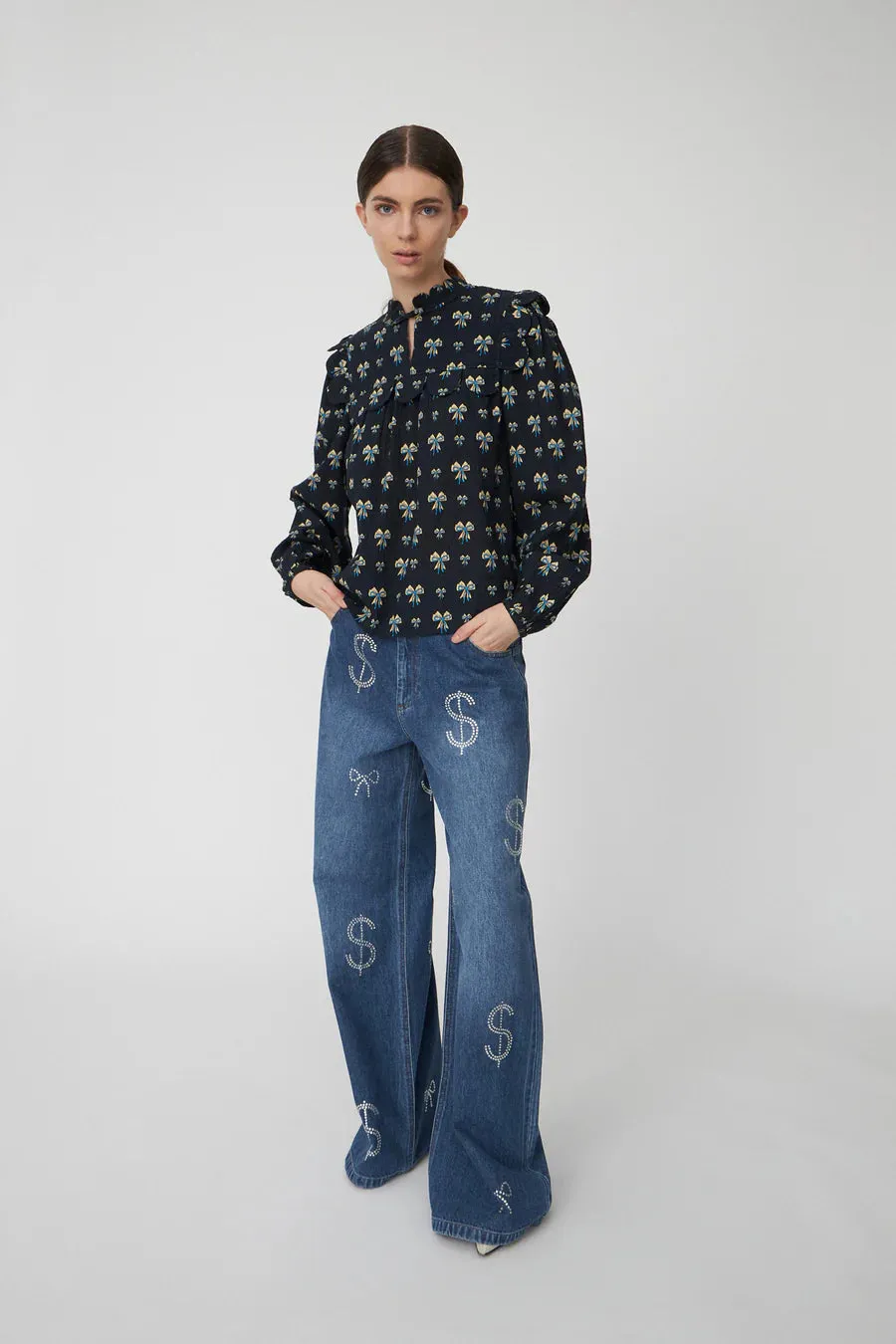 Stella Nova Bow Printed Blue Tongue Blouse