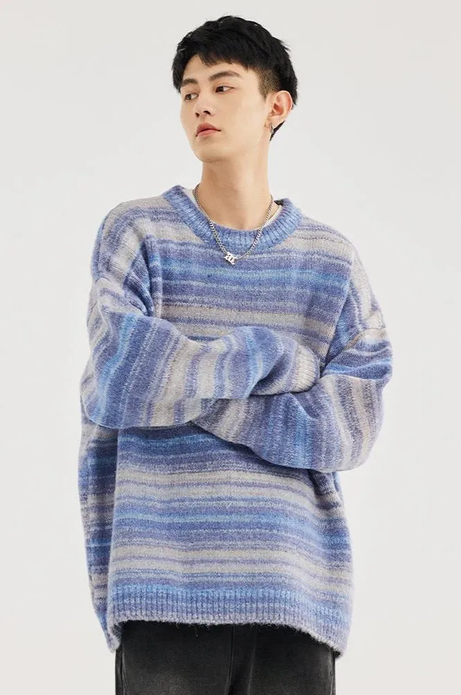 Striped Abstract-Effect Crew Neck Pullover Sweater