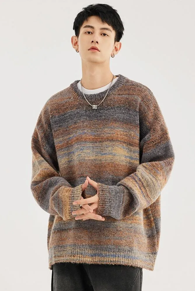 Striped Abstract-Effect Crew Neck Pullover Sweater