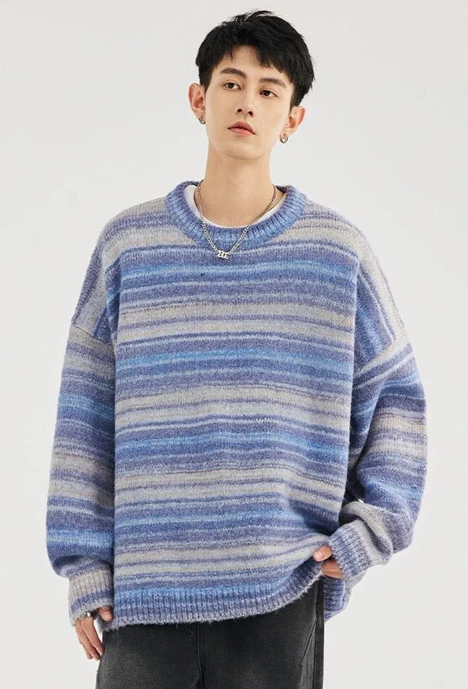 Striped Abstract-Effect Crew Neck Pullover Sweater