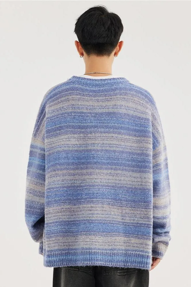 Striped Abstract-Effect Crew Neck Pullover Sweater