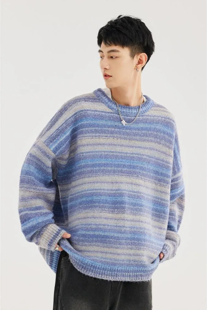 Striped Abstract-Effect Crew Neck Pullover Sweater