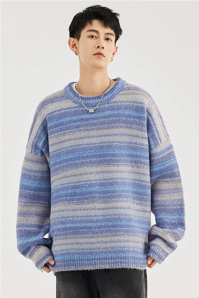 Striped Abstract-Effect Crew Neck Pullover Sweater