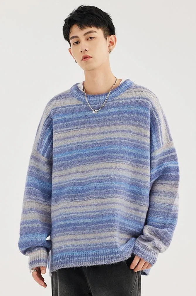 Striped Abstract-Effect Crew Neck Pullover Sweater