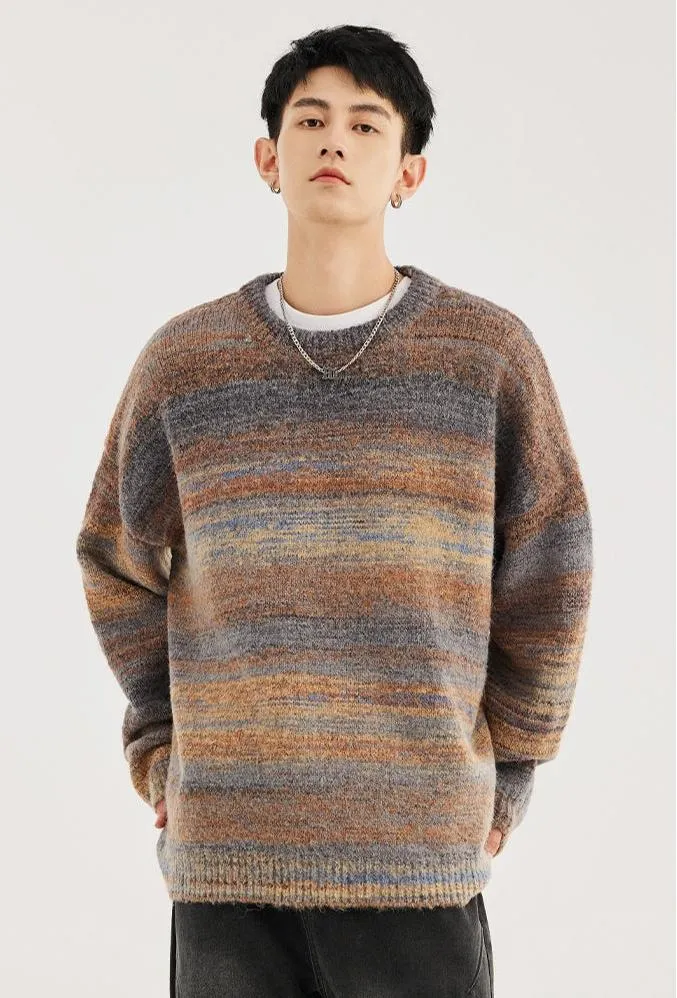 Striped Abstract-Effect Crew Neck Pullover Sweater