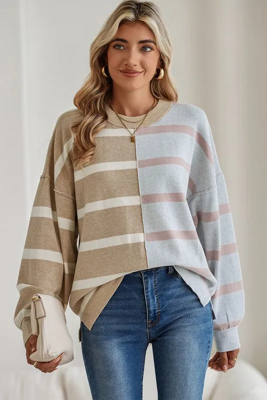 Striped Colorblock Drop Shoulder Sweater