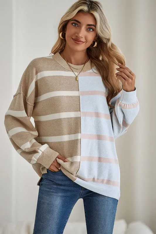 Striped Colorblock Drop Shoulder Sweater