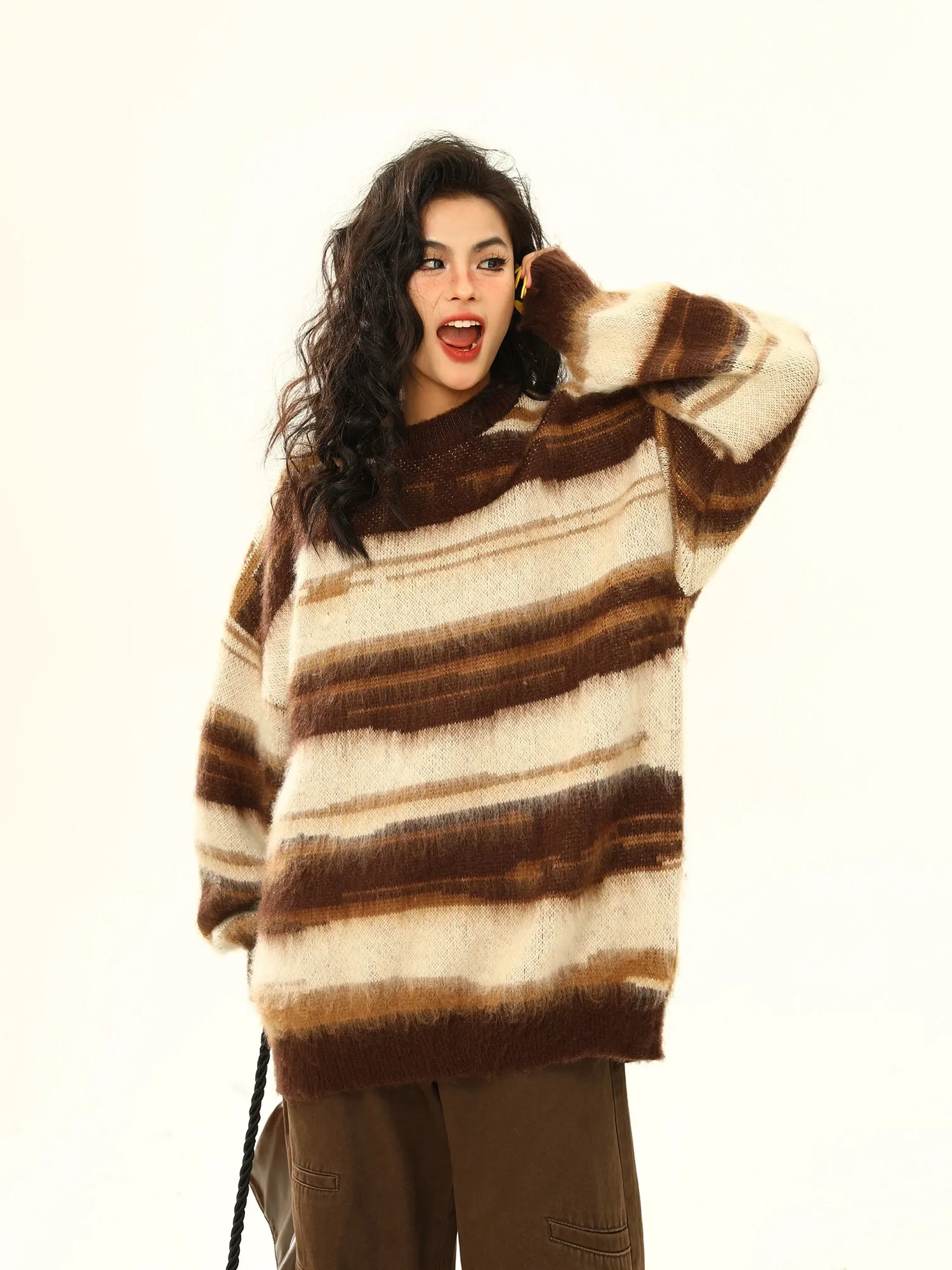 Striped Oversized Drop Shoulder Fuzzy Sweater